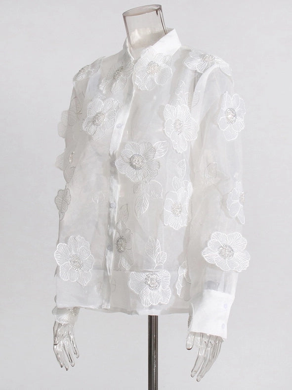 Luxe Organza Shirt with 3D Floral Sequin Detail White