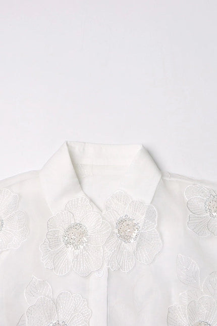 Luxe Organza Shirt with 3D Floral Sequin Detail White