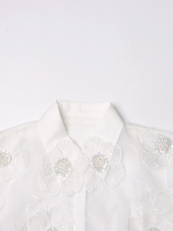 Luxe Organza Shirt with 3D Floral Sequin Detail White