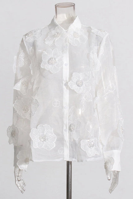 Luxe Organza Shirt with 3D Floral Sequin Detail White