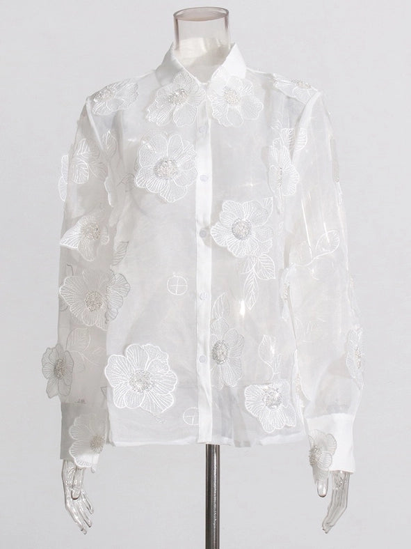 Luxe Organza Shirt with 3D Floral Sequin Detail White