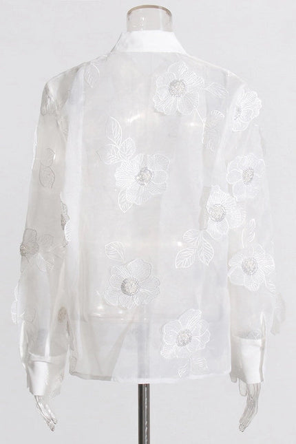 Luxe Organza Shirt with 3D Floral Sequin Detail White