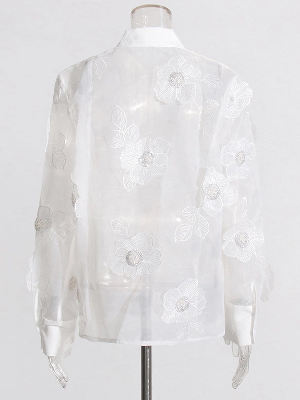 Luxe Organza Shirt with 3D Floral Sequin Detail White