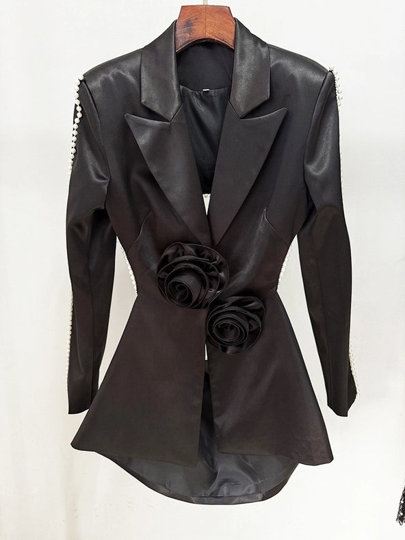Luxe Pearl Blazer & Sparkle Mesh Suit Black