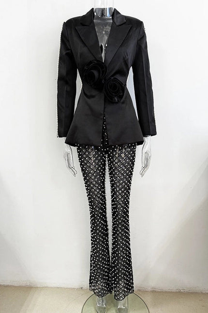 Luxe Pearl Blazer & Sparkle Mesh Suit Black