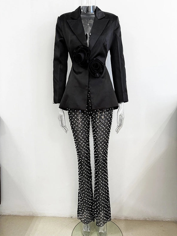 Luxe Pearl Blazer & Sparkle Mesh Suit Black