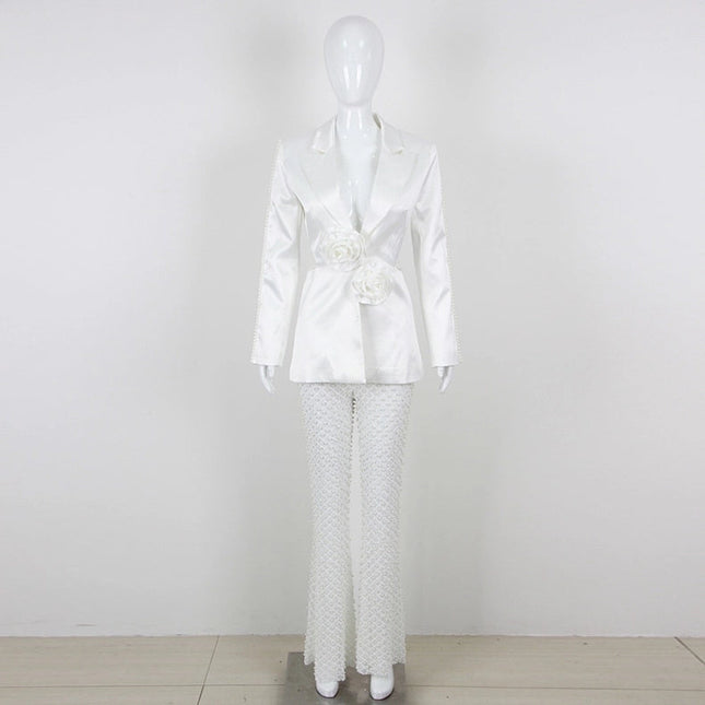 Luxe Pearl Blazer & Sparkle Mesh Suit White