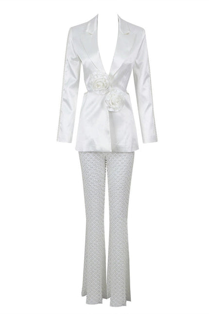 Luxe Pearl Blazer & Sparkle Mesh Suit White