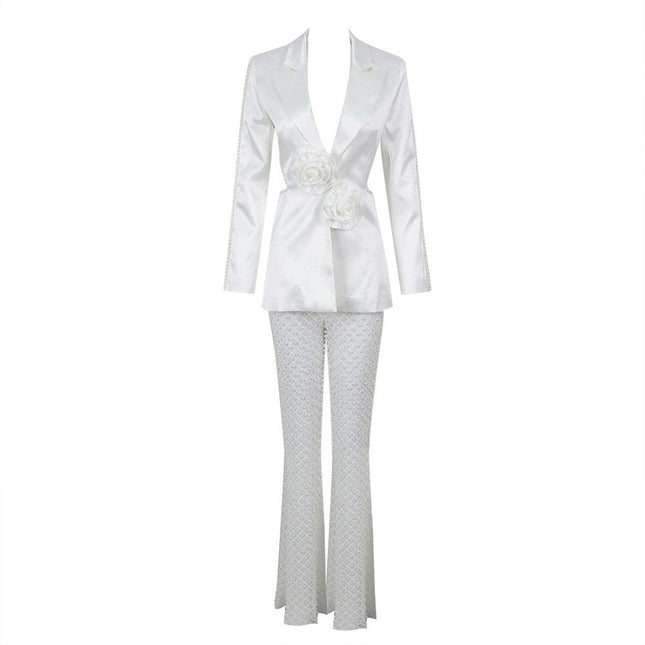 Luxe Pearl Blazer & Sparkle Mesh Suit White