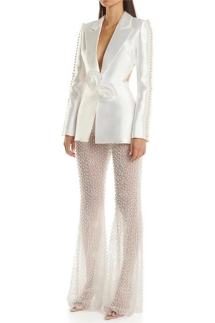 Luxe Pearl Blazer & Sparkle Mesh Suit White