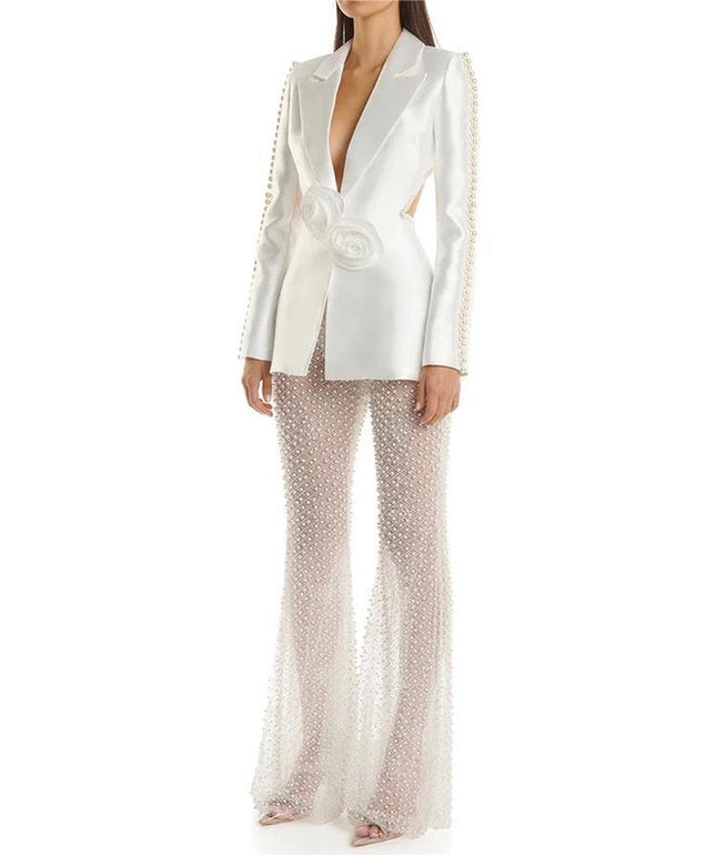 Luxe Pearl Blazer & Sparkle Mesh Suit White