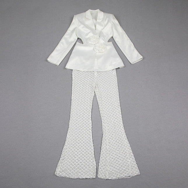 Luxe Pearl Blazer & Sparkle Mesh Suit White