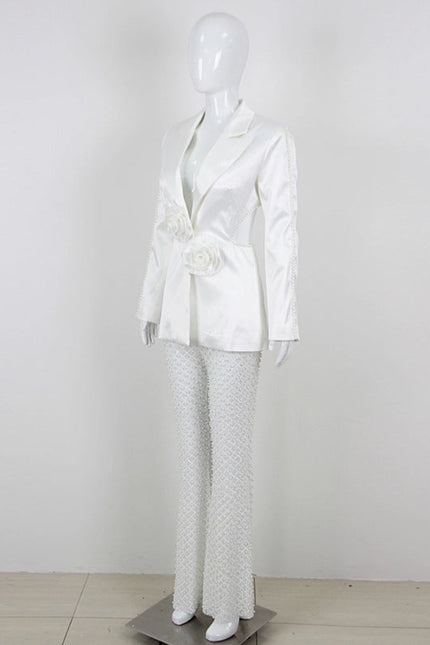 Luxe Pearl Blazer & Sparkle Mesh Suit White