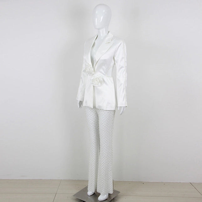 Luxe Pearl Blazer & Sparkle Mesh Suit White