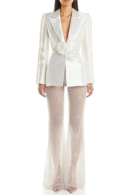 Luxe Pearl Blazer & Sparkle Mesh Suit White