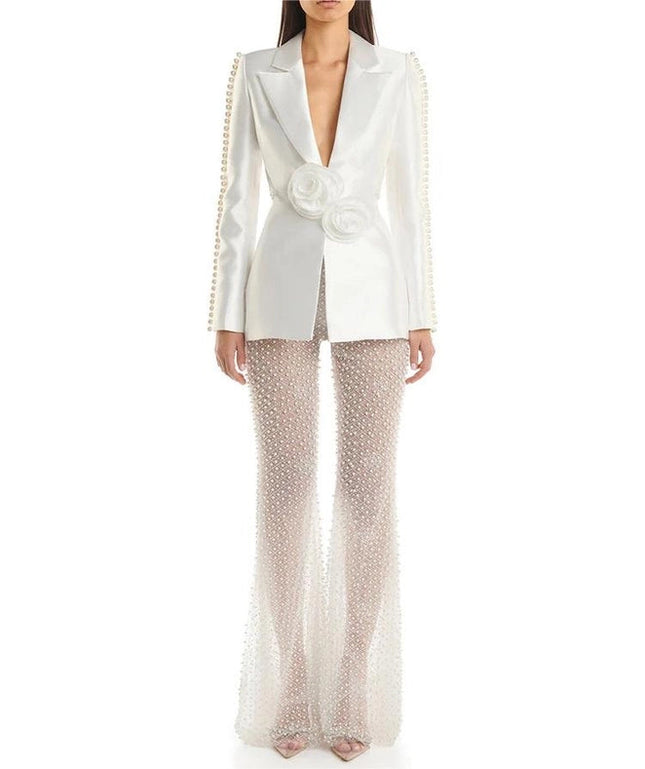 Luxe Pearl Blazer & Sparkle Mesh Suit White