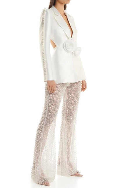 Luxe Pearl Blazer & Sparkle Mesh Suit White