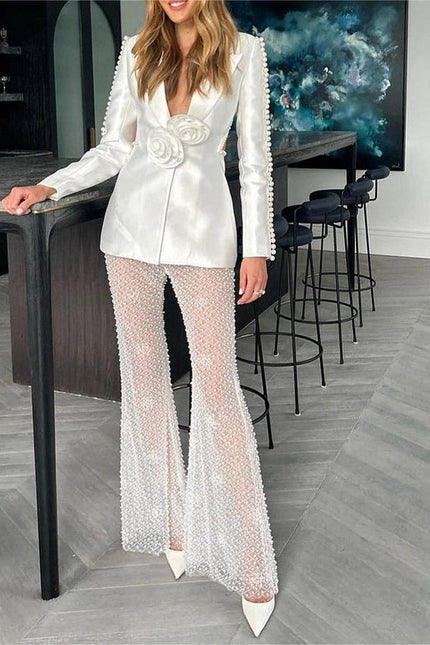 Luxe Pearl Blazer & Sparkle Mesh Suit White