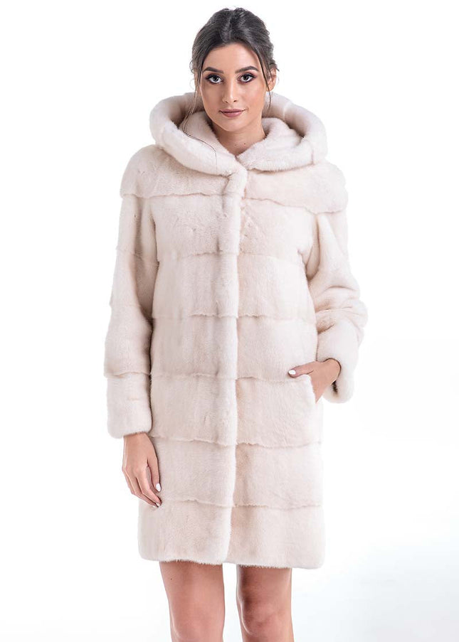 Luxury Ivory Natural Hooded Mink Fur Coat-0