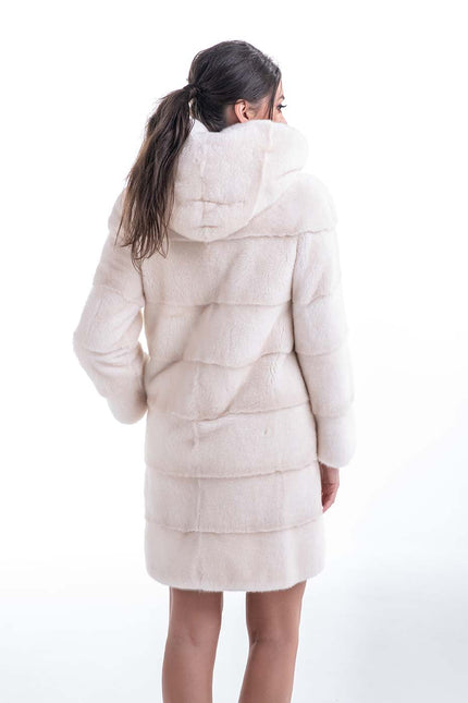 Luxury Ivory Natural Hooded Mink Fur Coat-1