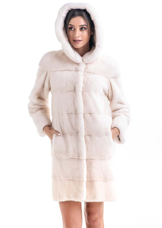 Luxury Ivory Natural Hooded Mink Fur Coat-2