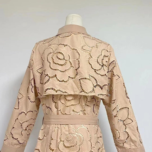 Luxury Sunflower Embroidery Slim Windbreake Apricot