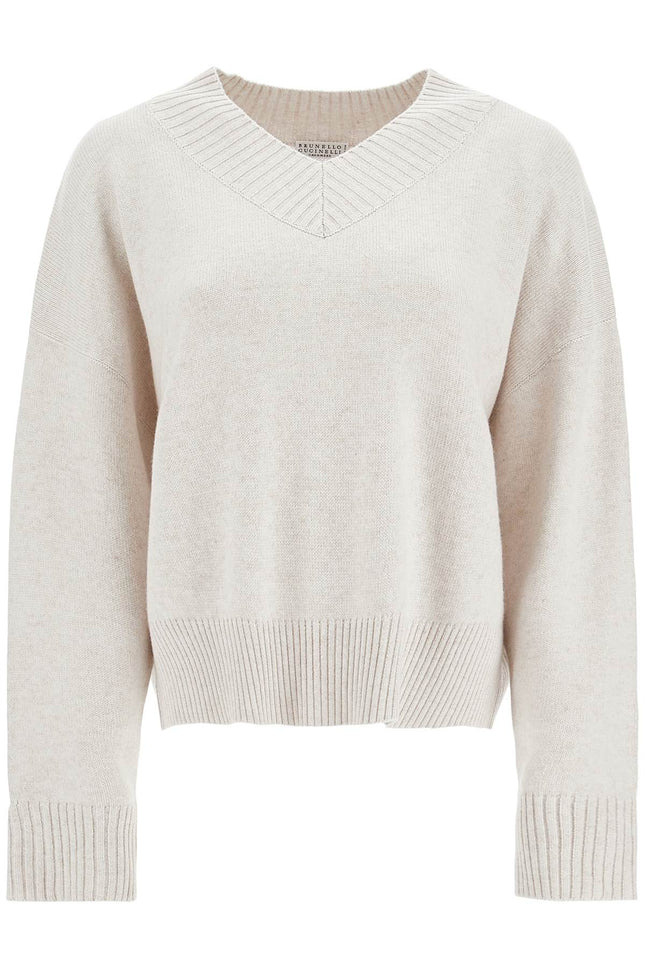 Brunello Cucinelli cashmere pullover with shiny cuff details.