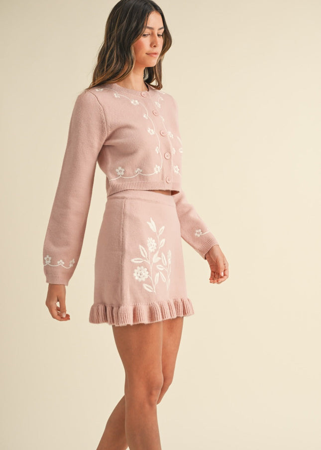 MABLE Floral Embroidered Crop Cardigan and Ruffled Mini Skirt Set