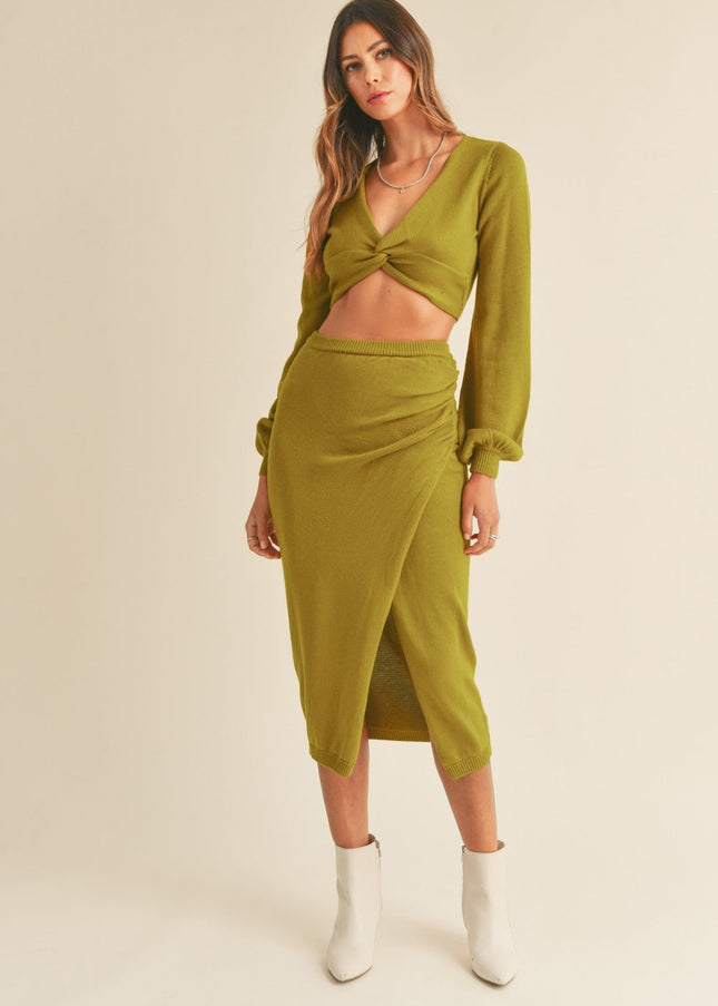 MABLE Front Twisted Knit Top and Midi Skirt Set