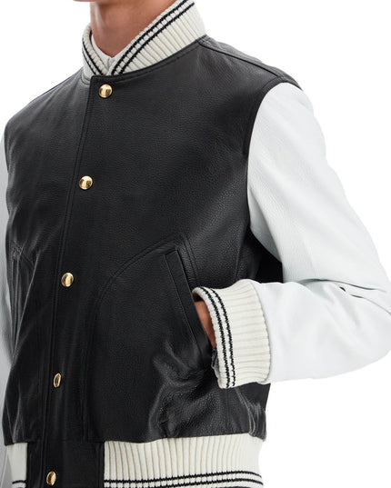 Thom Browne leather varsity bomber jacket