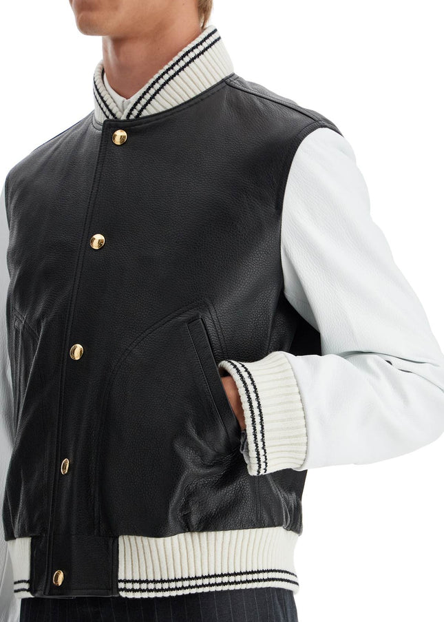 Thom Browne leather varsity bomber jacket