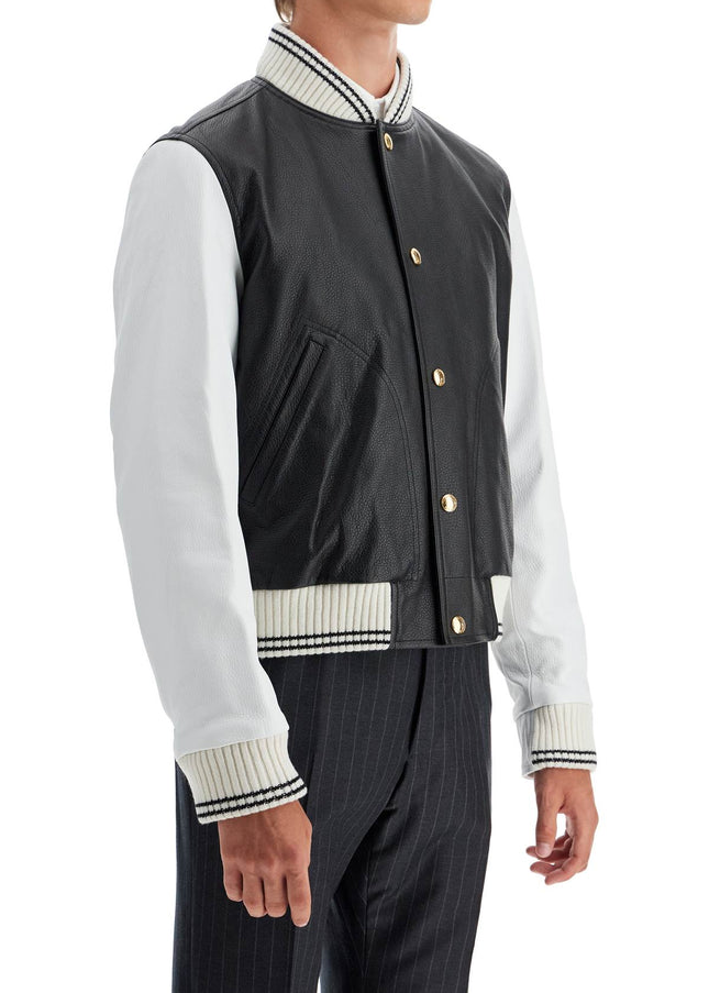 Thom Browne leather varsity bomber jacket