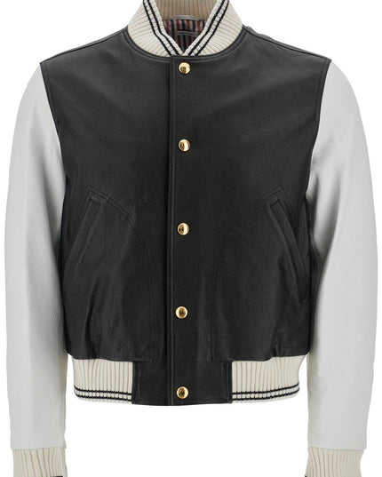 Thom Browne leather varsity bomber jacket