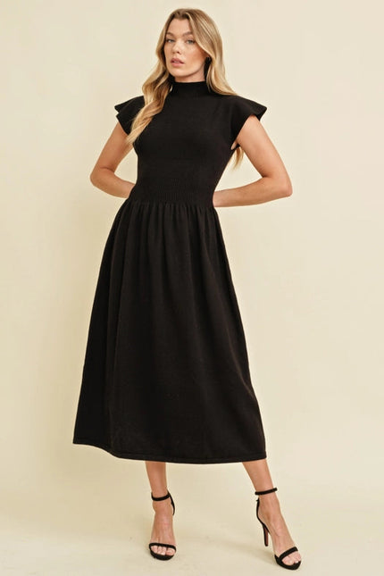 MOCK NECK STRETCH WAISTBAND MAXI DRESS BLACK