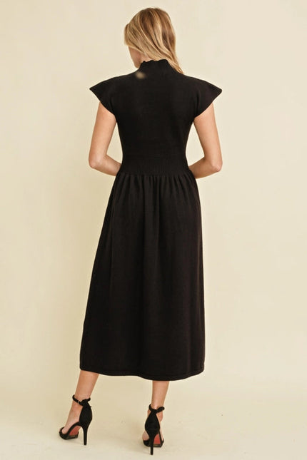 MOCK NECK STRETCH WAISTBAND MAXI DRESS BLACK