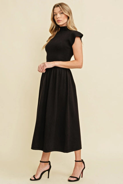 MOCK NECK STRETCH WAISTBAND MAXI DRESS BLACK