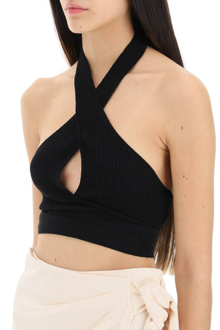 MSGM ribbed knit top with crossover neckline