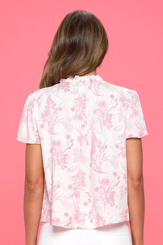 Made in USA Floral Print Top with Ruffle Neck