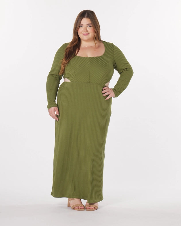 “Madeline” Knit Cut-Out Maxi Dress in Olive