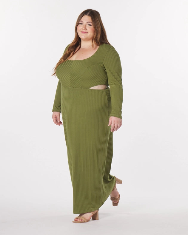 “Madeline” Knit Cut-Out Maxi Dress in Olive