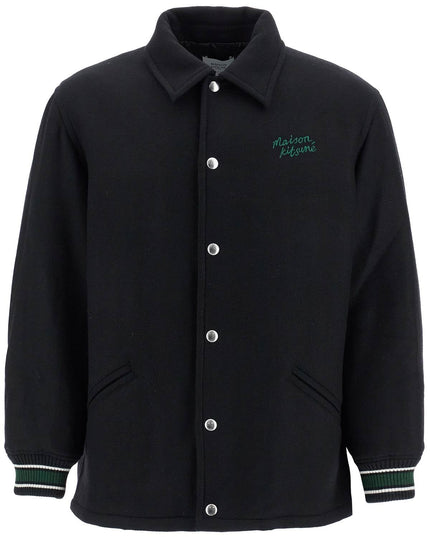 Maison Kitsune black wool varsity jacket with embroidery