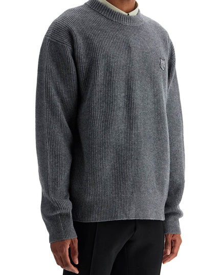 Maison Kitsune gray mélange wool sweater with embroidered fox logo