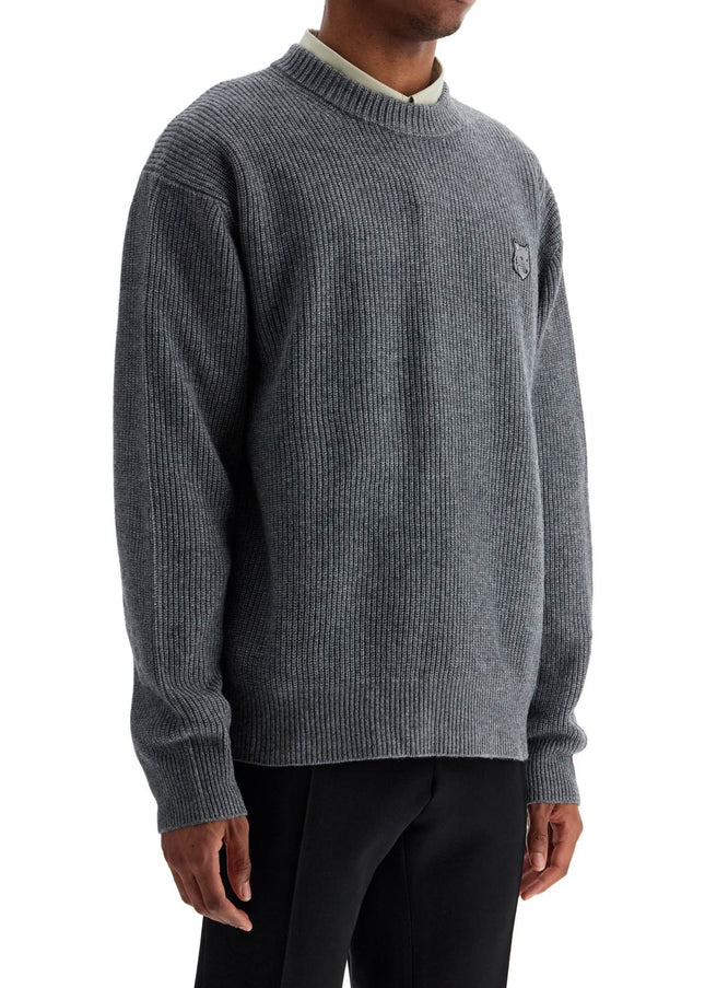 Maison Kitsune gray mélange wool sweater with embroidered fox logo