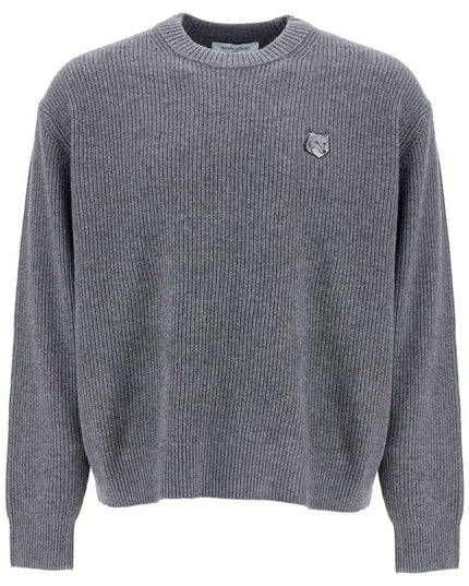 Maison Kitsune gray mélange wool sweater with embroidered fox logo