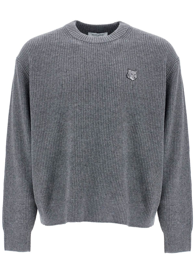 Maison Kitsune gray mélange wool sweater with embroidered fox logo