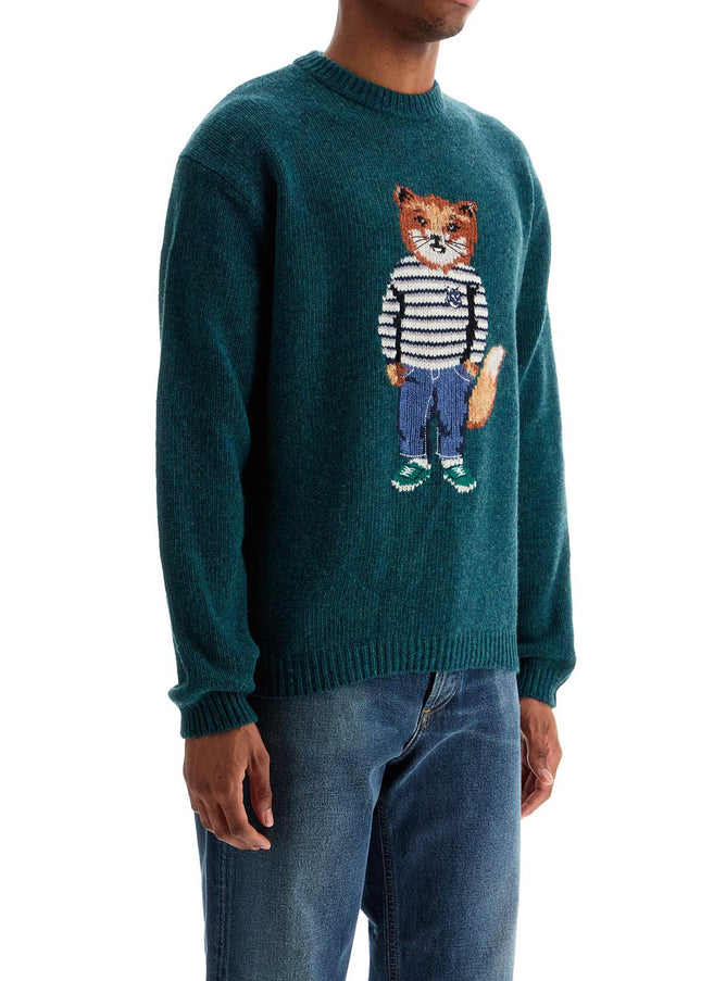 Maison Kitsune green wool sweater with fox intarsia