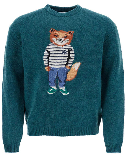 Maison Kitsune green wool sweater with fox intarsia