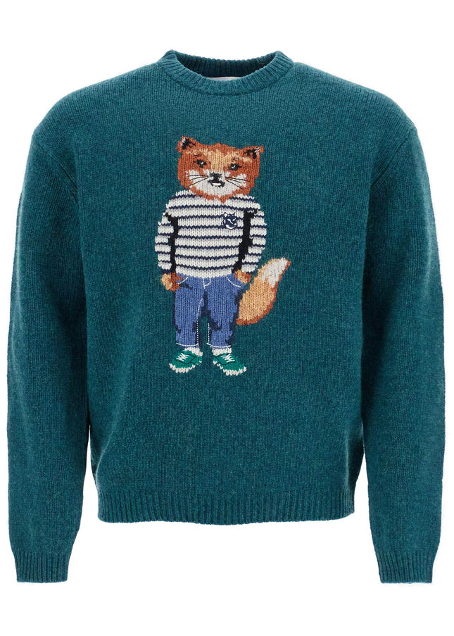 Maison Kitsune green wool sweater with fox intarsia