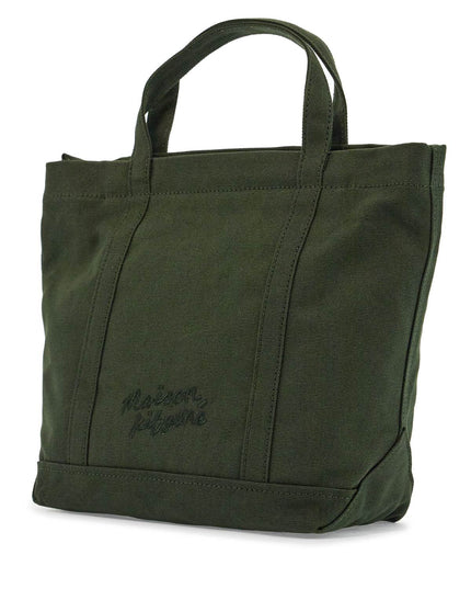 Maison Kitsune small tote bag in ranger green cotton with embroidered fox logo