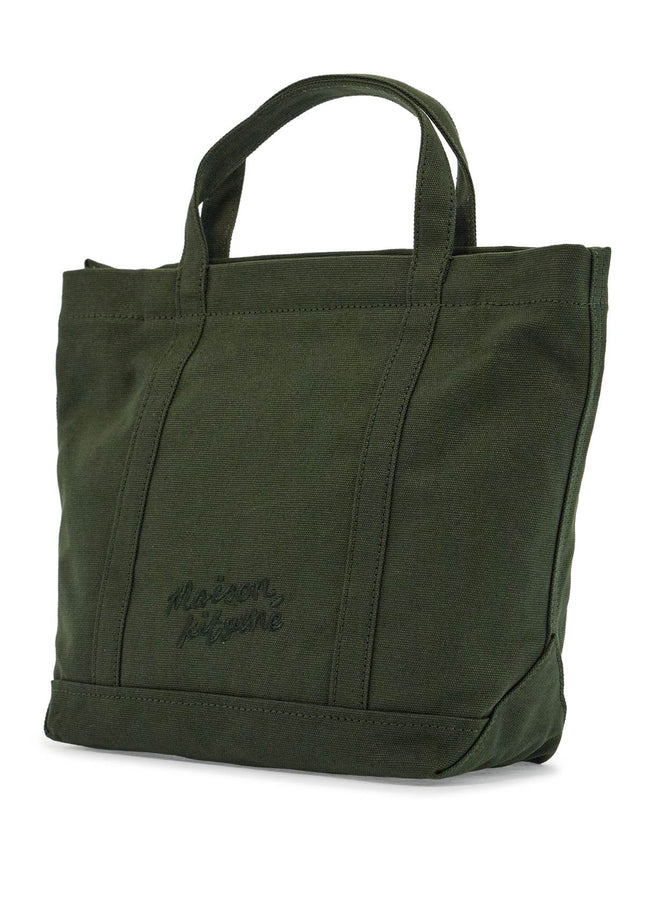 Maison Kitsune small tote bag in ranger green cotton with embroidered fox logo